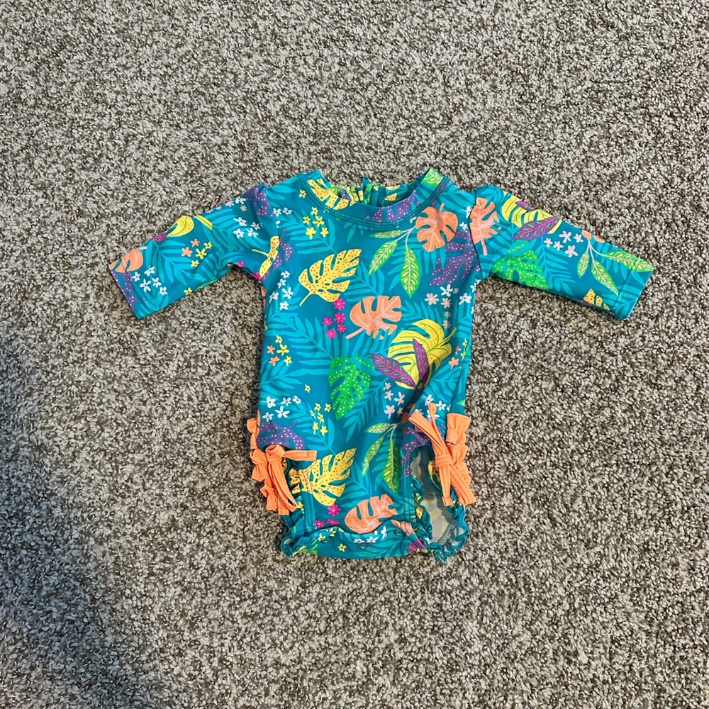 Ruffle Butts Neon Blue and Orange Kids Swim Rashguard